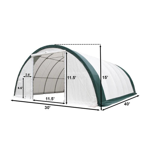 Cobertizo de almacenamiento de un solo arco L30’xL40’xH15′ – Robusto y espacioso